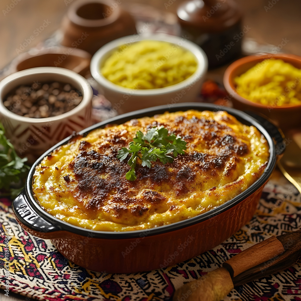 A serving of South African bobotie with golden baked custard topping, surrounded by aromatic spices and traditional sides like yellow rice and chutney, set on a patterned tablecloth A serving of South African bobotie with golden baked custard topping, surrounded by aromatic spices and traditional sides like yellow rice and chutney, set on a patterned tablecloth