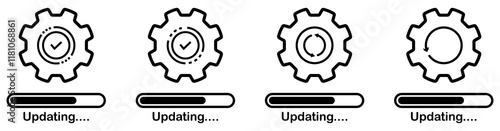 Updating system icons with gears isolated set on white background. Set of Update software icons.  System upgrade notification icons. Progress install symbols set.  Updating application icons.