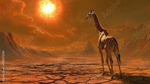 Giraffe on a desolate, cracked, fiery planet, gazing at a giant sun. photo