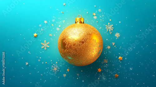 3D Illustration of Christmas Ball Icon with Holiday Decorations on Blue Background. photo