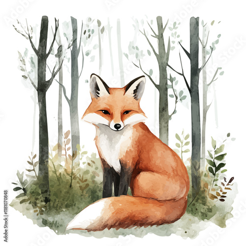 A watercolor drawing of a fox in a forest clearing, isolated on a white background. Fox vector.
