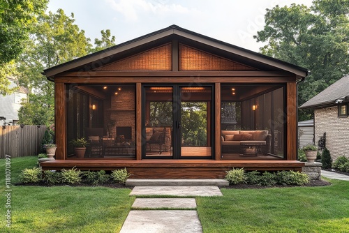 Midwest Single-Family Home Porch with Screened Room and Lush Landscaping photo