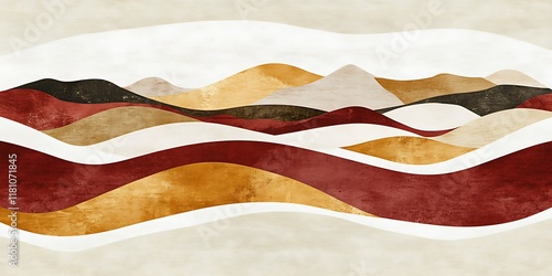 Abstract mountain landscape, earthy tones, wavy design, home decor.