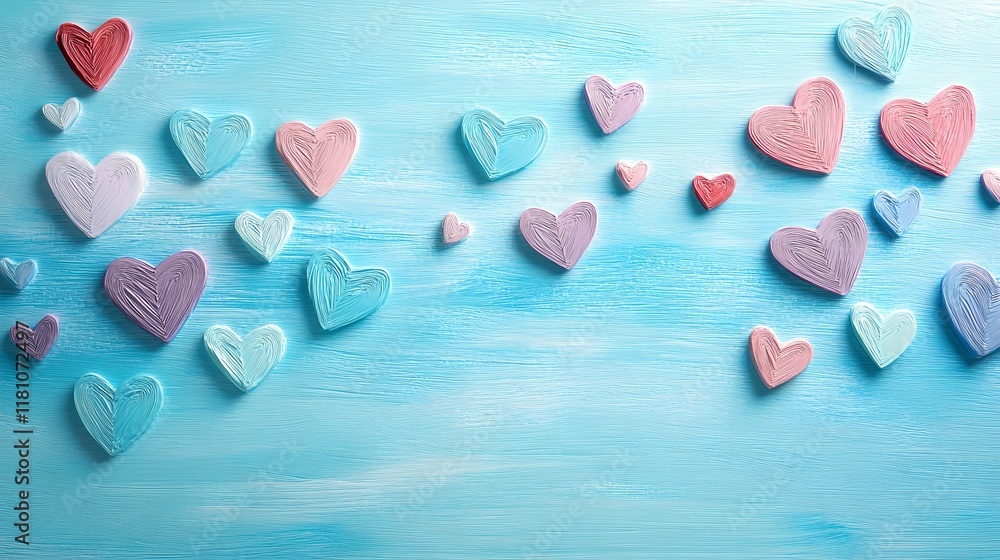 Obraz premium Colorful hearts scattered on a blue wooden background, creating a playful and romantic atmosphere.