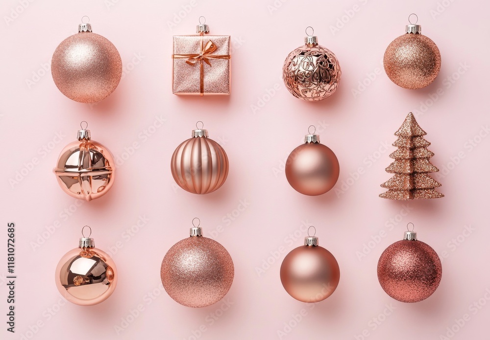 Rose Gold Christmas Ornaments Arranged on Pink Background. Rose Gold Christmas Ornaments Arranged on Pink Background.