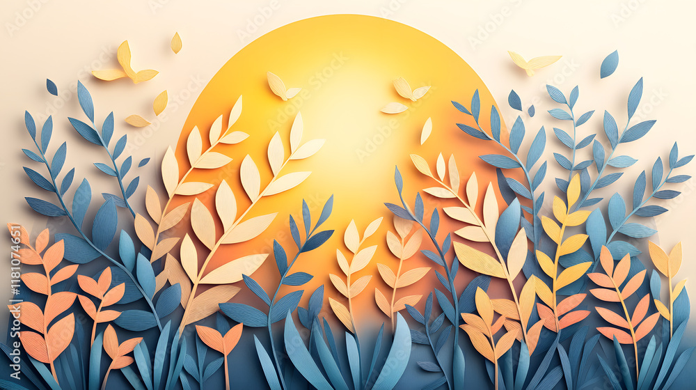 Naklejka premium paper art style of landscape with animals in a forest beautiful trees and leaves. in natural forest layered shape in natural forest layered shape