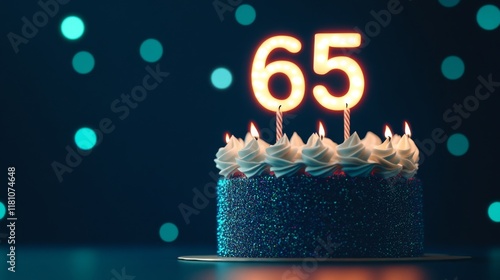 Sixty-five candlelit birthday cake sparkles against a dark bokeh background photo