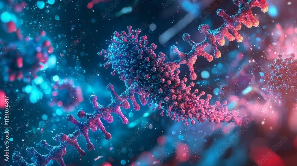 A detailed illustration of a virus undergoing genetic modification in a biotechnology lab, with vibrant colors highlighting the biological changes A detailed illustration of a virus undergoing genetic modification in a biotechnology lab, with vibrant colors highlighting the biological changes