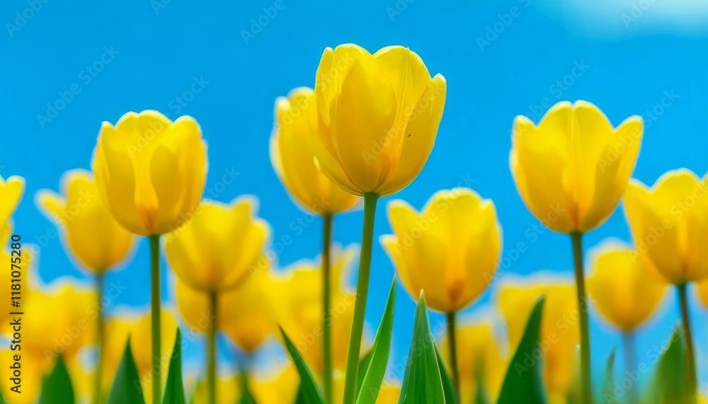 tulips with rich green leaves and a warm abstract blue background tulips with rich green leaves and a warm abstract blue background