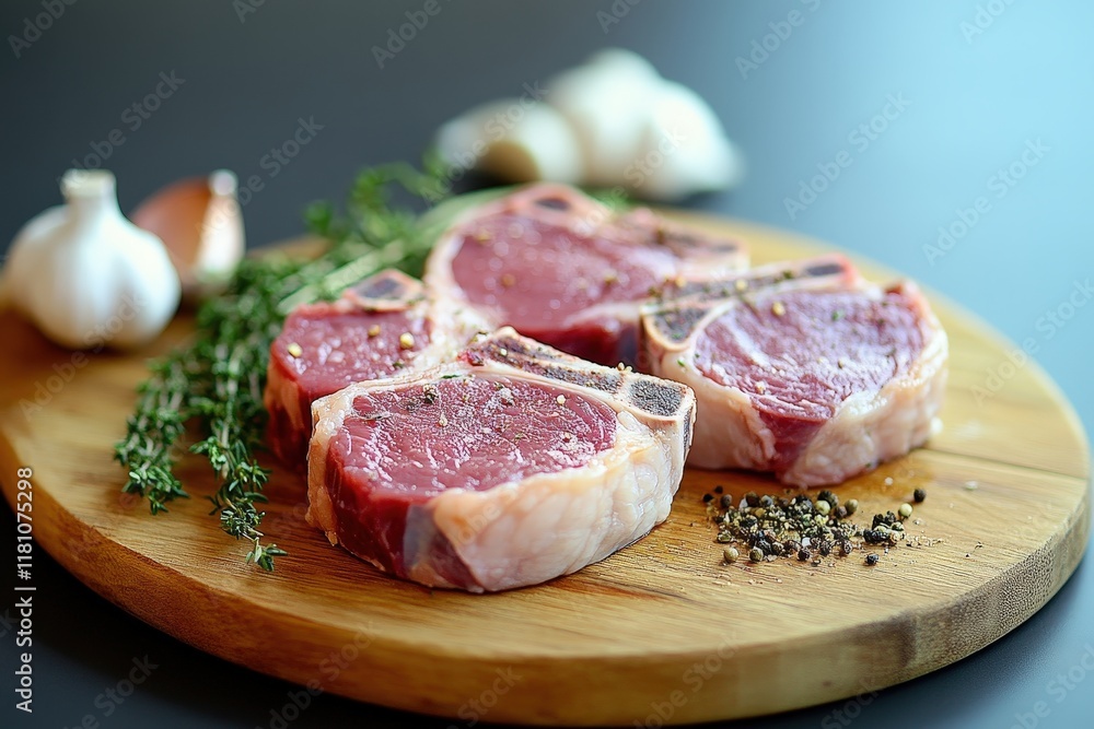 Fresh Chops on a Wooden Board with Garlic and Herbs Fresh Chops on a Wooden Board with Garlic and Herbs