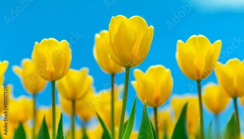 tulips with rich green leaves and a warm abstract blue background