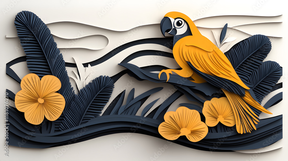 Naklejka premium paper art style of landscape with animals in a forest beautiful trees and leaves. in natural forest layered shape in natural forest layered shape