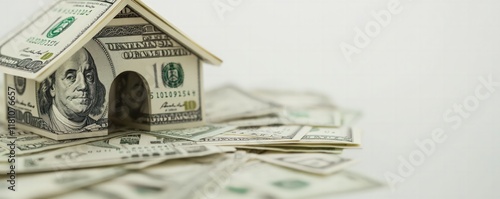 A miniature house made from money sits atop a pile of cash, symbolizing financial investment and wealth in real estate.