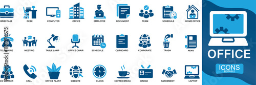 Office icon set. desk, computer, meeting, employee, schedule and co-worker You can easily change the color