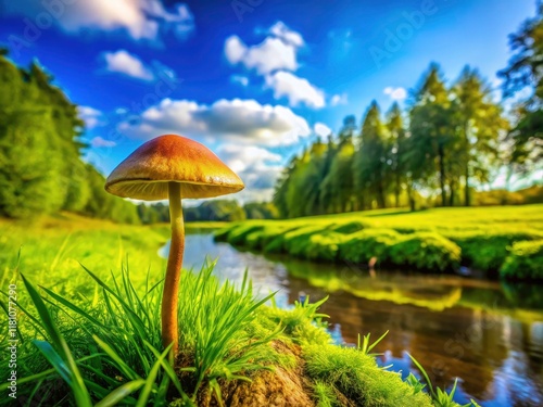 Panoramic Elephant Dung Mushroom | Panaeolus Riverbank Fungi | Selective Focus Macro Photography photo