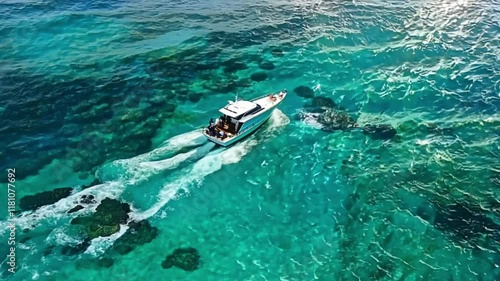 Aerial View of a Boat Navigating Turquoise Waters with Rocks