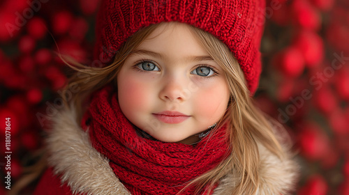 Adorable girl in red winter hat and scarf.