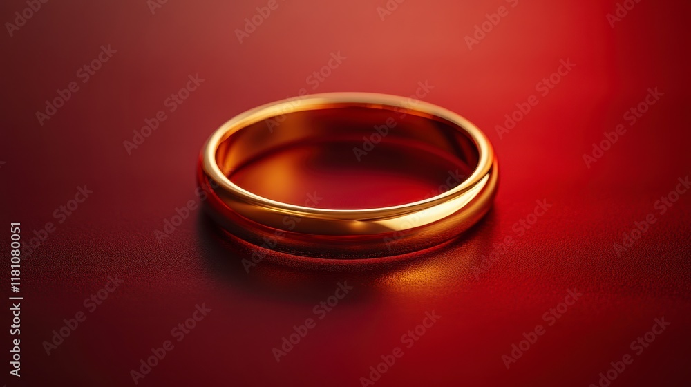 Close-up of a simple gold wedding band on a red background. Close-up of a simple gold wedding band on a red background.