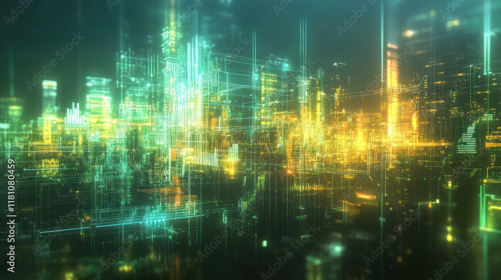 Naklejka premium Futuristic Cityscape: A Digital Metropolis Illuminated