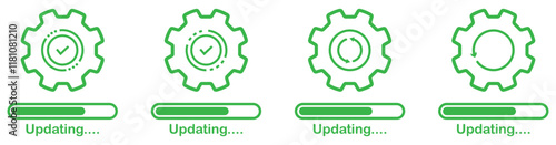 Updating system icons with gears isolated set on white background. Set of Update software icons.  System upgrade notification icons. Progress install symbols set.  Updating application icons.