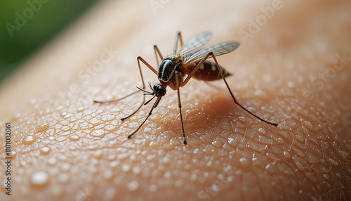 Macro image of a mosquito feeding on human skin displaying detailed texture and water droplets.