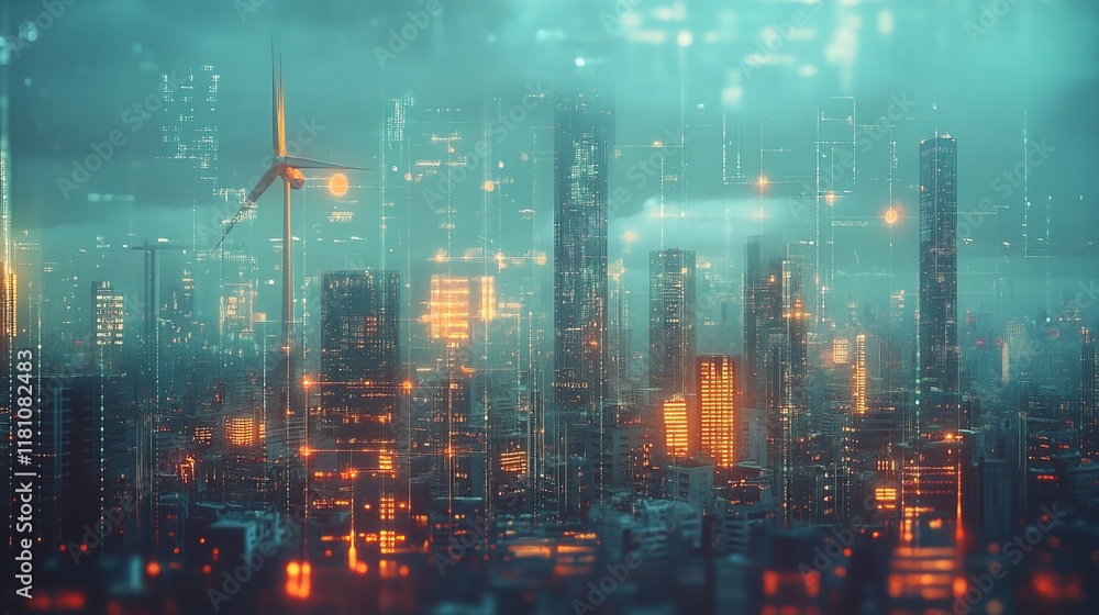 Fototapeta premium Renewable Wind Power Energy Turbine and Financial Data Cityscape