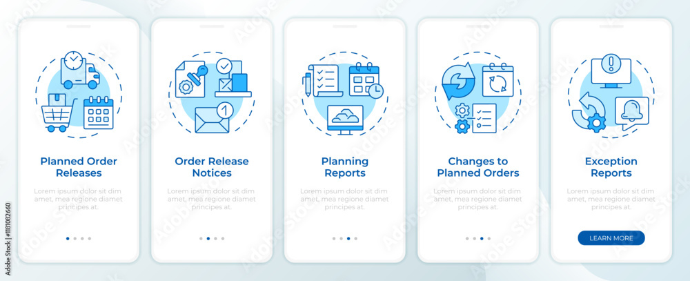 Fototapeta premium MRP outputs blue onboarding mobile app screen. Manufacturing. Walkthrough 5 steps editable graphic instructions with linear concepts. UI, UX, GUI template. Montserrat SemiBold, Regular fonts used