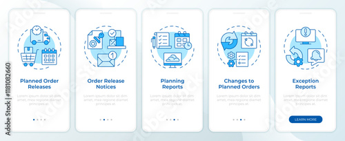 MRP outputs blue onboarding mobile app screen. Manufacturing. Walkthrough 5 steps editable graphic instructions with linear concepts. UI, UX, GUI template. Montserrat SemiBold, Regular fonts used