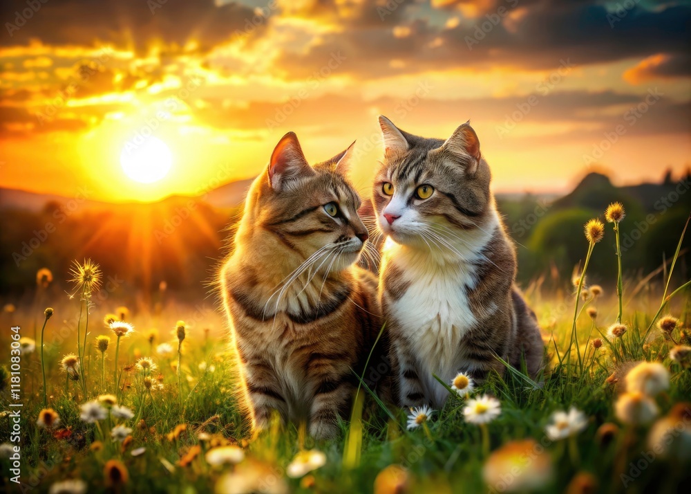 Obraz premium Romantic Cat Couple Landscape Photography: Two Lovers in a Meadow Sunset