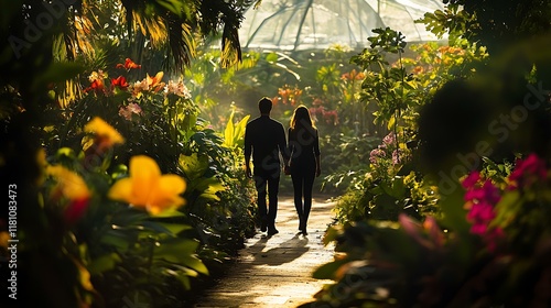 Fototapeta Naklejka Na Ścianę i Meble -  A couple walking hand in hand through a lush garden, framed by vibrant flowers and greenery