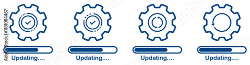 Updating system icons with gears isolated set on white background. Set of Update software icons.  System upgrade notification icons. Progress install symbols set.  Updating application icons.