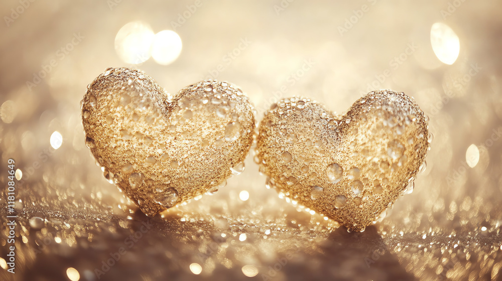 Obraz premium Two golden hearts with bokeh effect. Represents romantic partnership and shared love concepts.