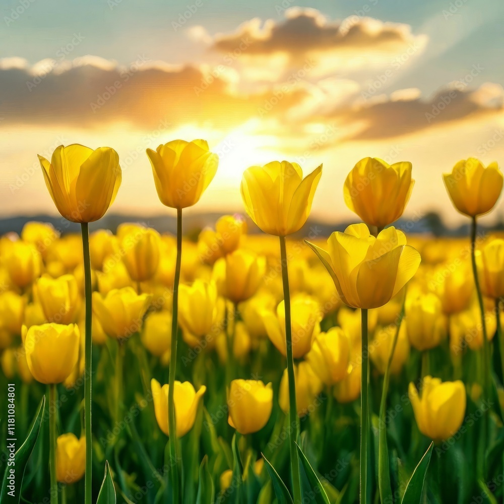 A group of tulips on the background of the rising sun. A group of tulips on the background of the rising sun.