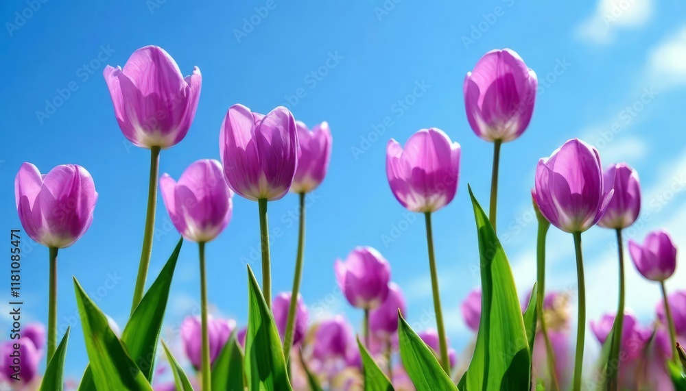 Fototapeta premium tulips with rich green leaves and a warm abstract blue background