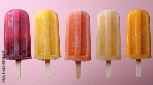 Five Colorful Popsicles on Pink Background: A Refreshing Summer Treat photo