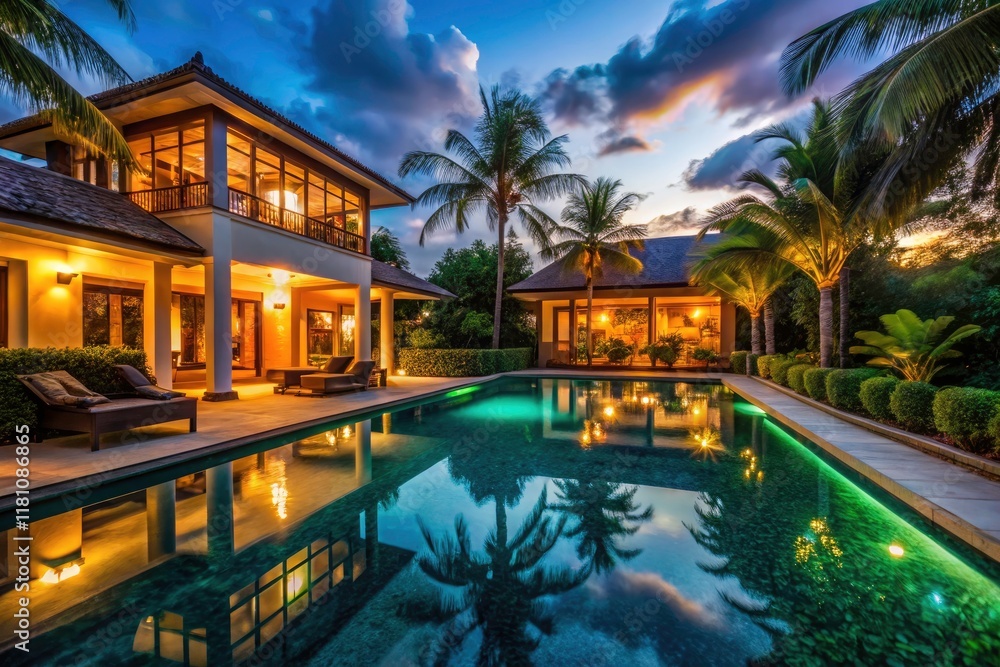 Silhouette Luxury Villa Poolside Paradise: Nighttime Tropical Oasis Silhouette Luxury Villa Poolside Paradise: Nighttime Tropical Oasis