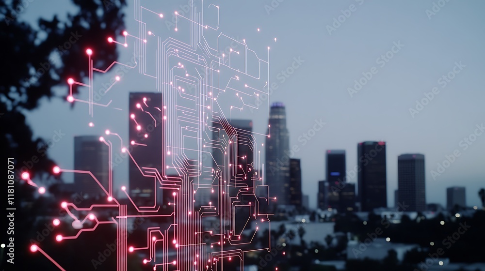 Fototapeta premium Futuristic Cityscape with a Glowing Circuit Board Display Highlighting Modern Technology