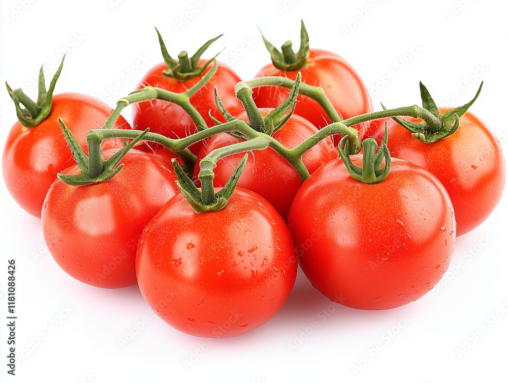 Fresh ripe tomatoes on a vine arranged on a white background for healthy food concept Fresh ripe tomatoes on a vine arranged on a white background for healthy food concept