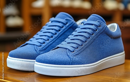 Blue suede sneakers on wooden surface.
