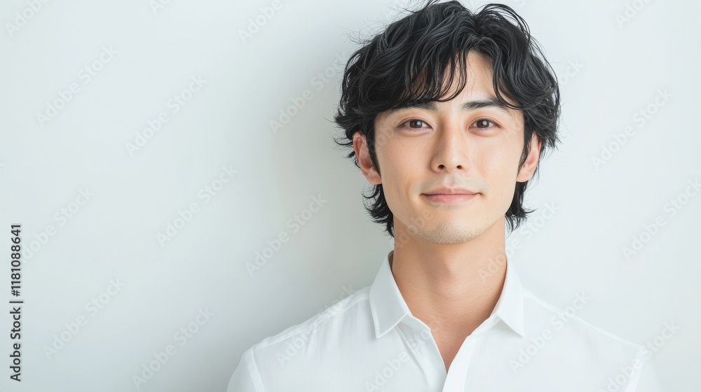 Young Man Smiling Confidently Against a White Background. Young Man Smiling Confidently Against a White Background.