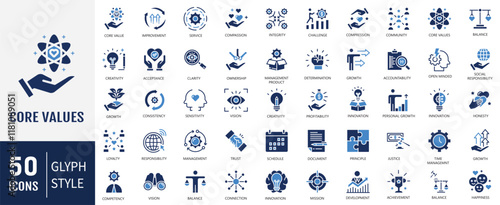 Core values flat icon set. Containing acceptance, achievement, adaptability, authenticity, autonomy, balance, badness icon. Vector illustration