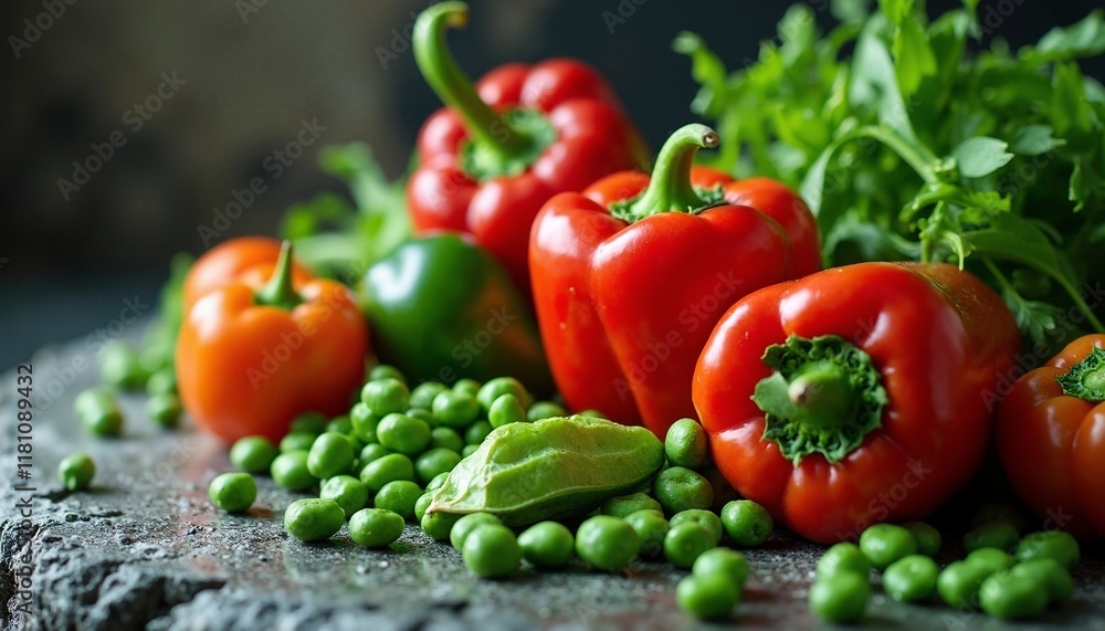 Arrangement of Bell Pepper and Peas on rustic stone Arrangement of Bell Pepper and Peas on rustic stone
