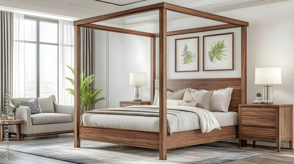 Modern Bedroom 3D Rendering with Wooden Four Poster Bed Modern Bedroom 3D Rendering with Wooden Four Poster Bed