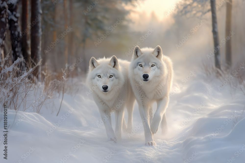 Fototapeta pair of white wolves in the winter forest.