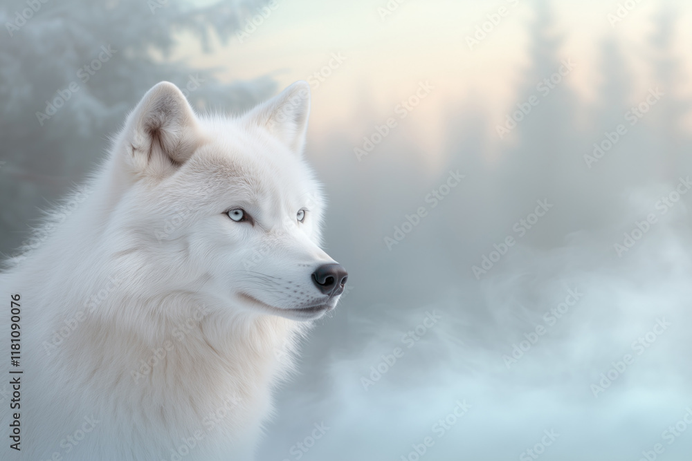 Naklejka premium Portrait of a beautiful white wolf in the winter forest.
