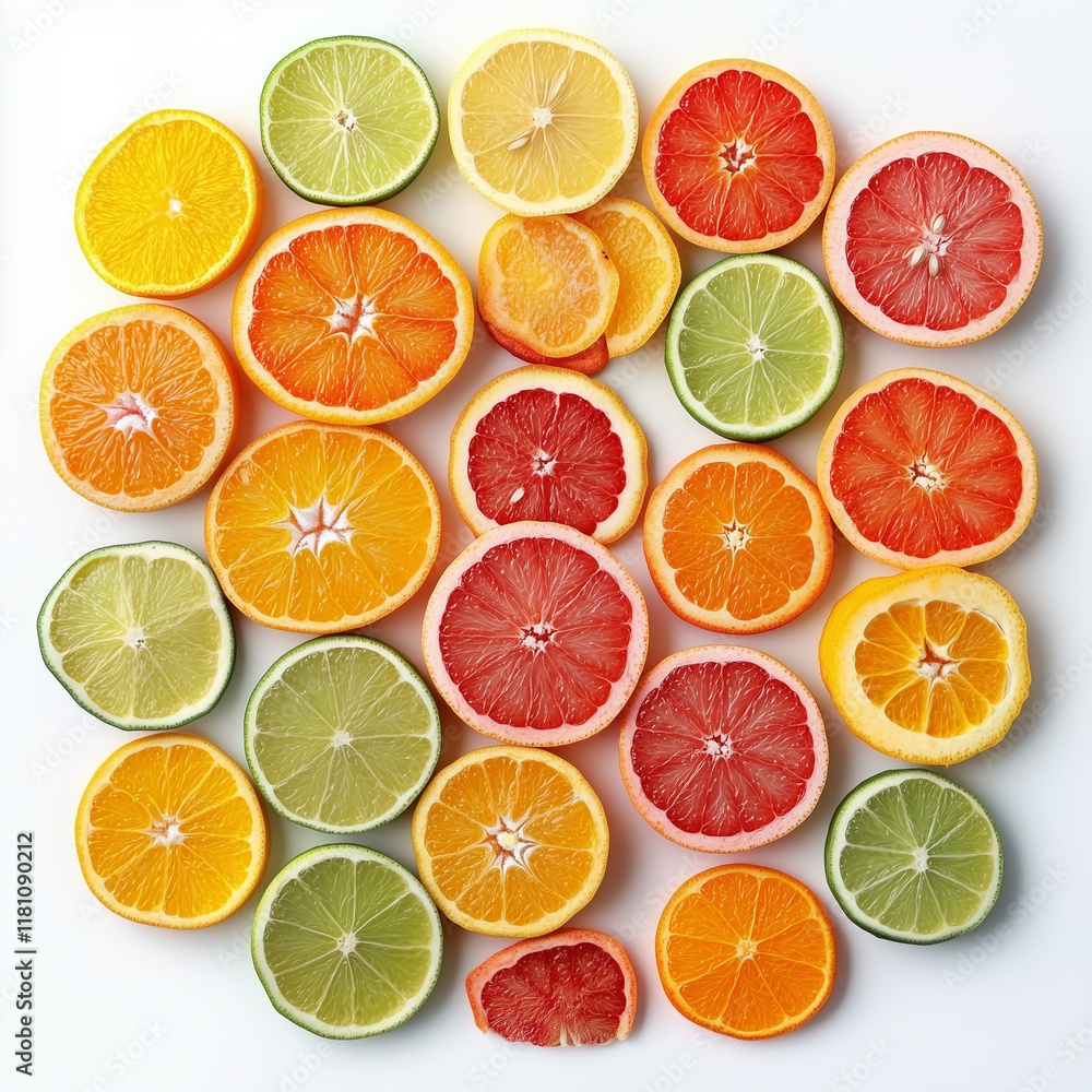 Fototapeta premium Arrangement of sliced citrus fruits on a white background