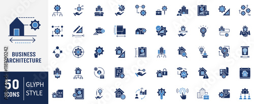 Business architecture flat icon set. Containing strategy, management, execution, operations, service, planning icon. Vector illustration.