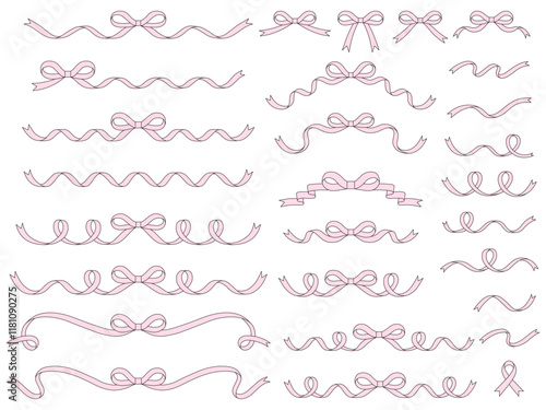 リボンのフレームのベクターイラストセット　線画　りぼん　飾り　ピンク