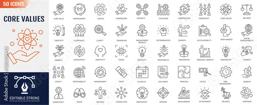Core values line icon set. Editable stroke. Containing acceptance, achievement, adaptability, authenticity, autonomy, balance, badness icon. Vector illustration