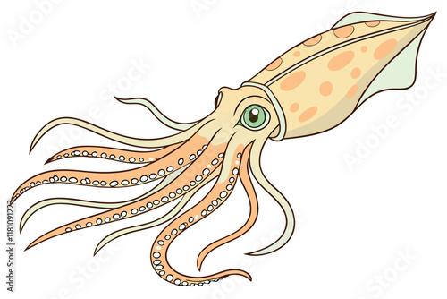 underwater creature, bioluminescent squid, translucent body, pale orange hues, iridescent spots, bright green eye, tentacles, marine life, deep sea, high detail, studio lighting, white background, sci